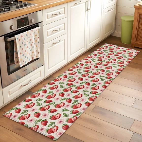 2'x6' Rug Runners for Hallways Kitchen, Red Strawberry Non Slip Entryway Beside Floor Carpet Runner, Country Fruit Summer Retro Tropical Washable Laundry Room Bedroom Throw Rugs Mat for Family Pet