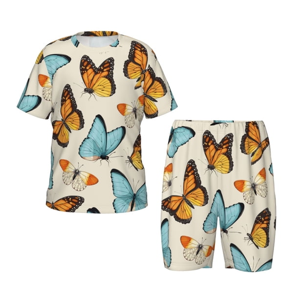Fotbe Butterflies Pijama Estampada de 2 Piezas para Niños – Ropa de Dormir de Manga Corta Cómoda para Niños y Niñas, Camiseta y Shorts de Algodón-Large