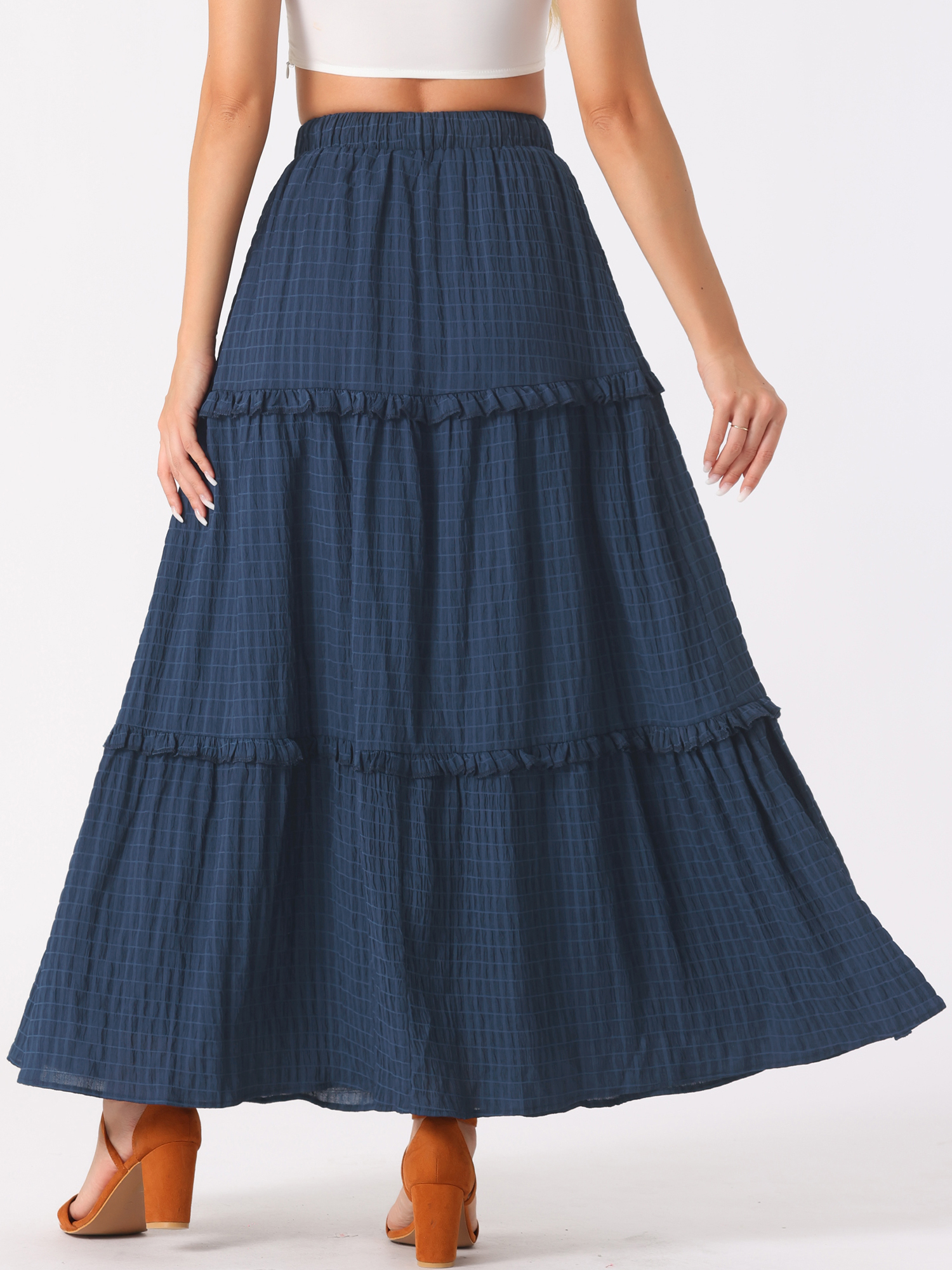 DARING DIVA Women's Ruffle Swing Skirts Beach Tiered Long Maxi Skirt XS Dark Blue
