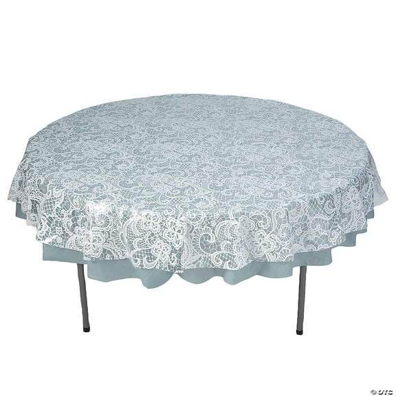 White Lace-Printed & Slate Blue Round Disposable Plastic Tablecloth Kit - 2 Pieces