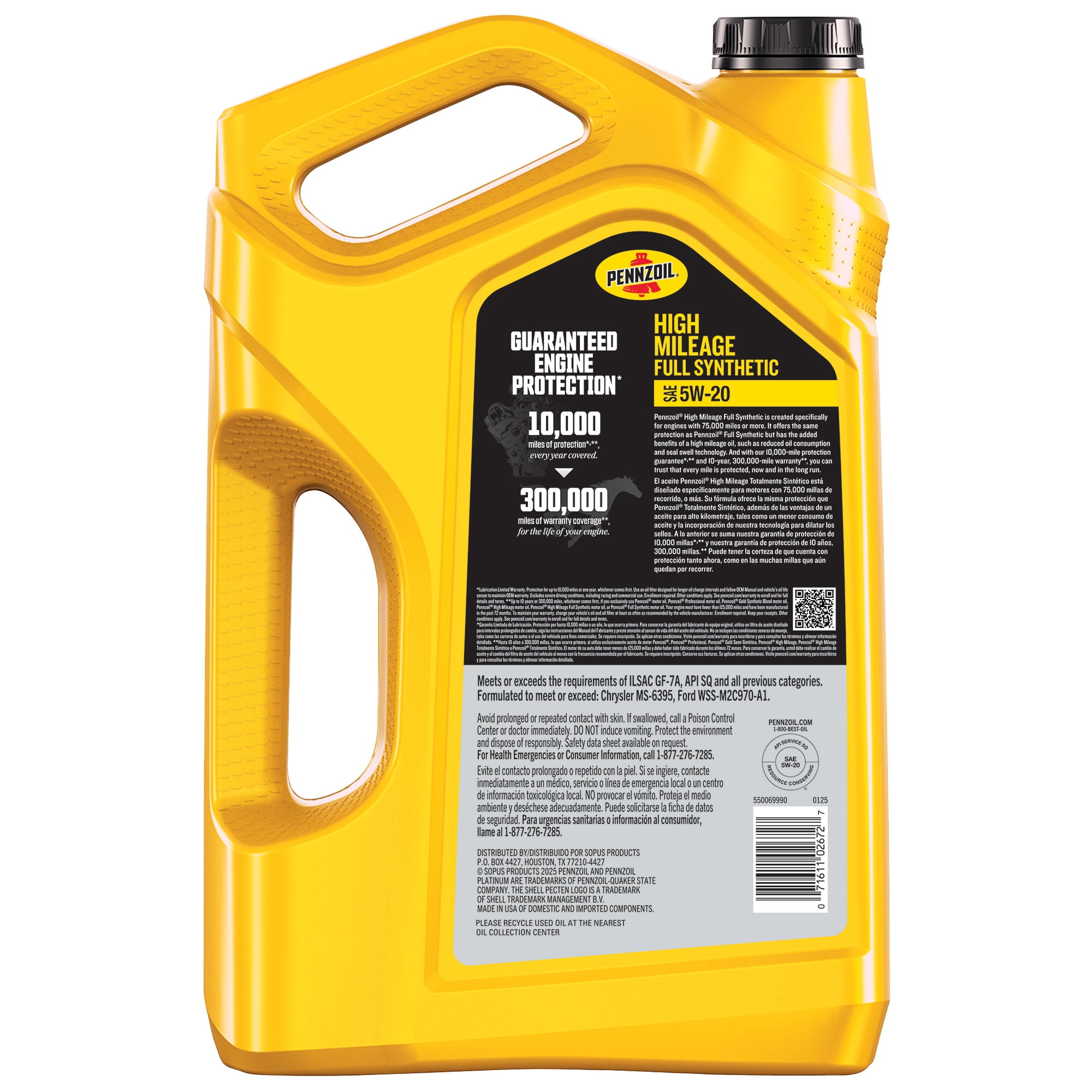 Pennzoil High Mileage Full Synthetic 5W-20 Motor Oil, 5 Quart