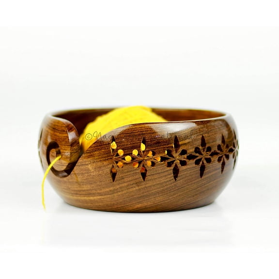 Nagina International Rosewood Crafted Wooden Yarn Storage Bowl With Carved Holes & Drills | Knitting Crochet Accessories (Small)