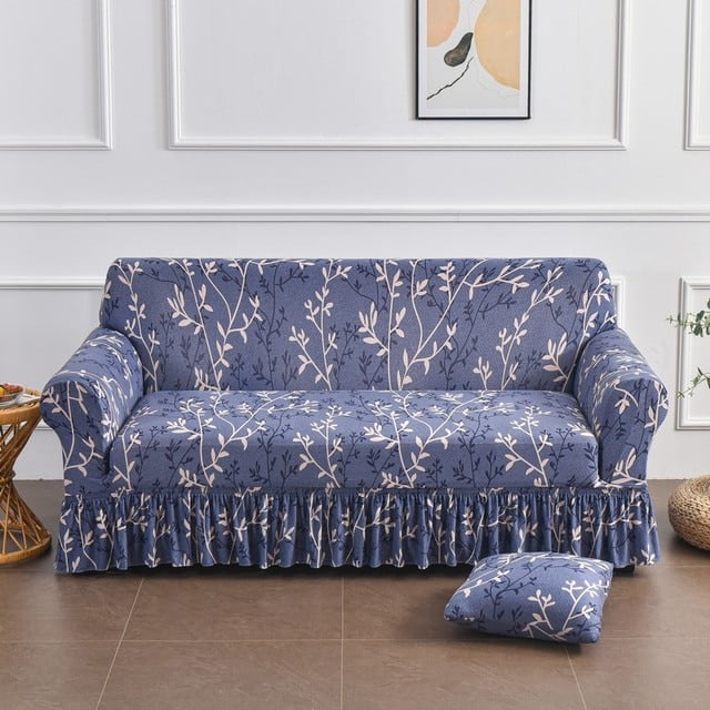Elastic Stretchable Sofa Cover with Skirt Washable Furniture Protector Printed Slipcovers with Elastic Bottom for Living Room