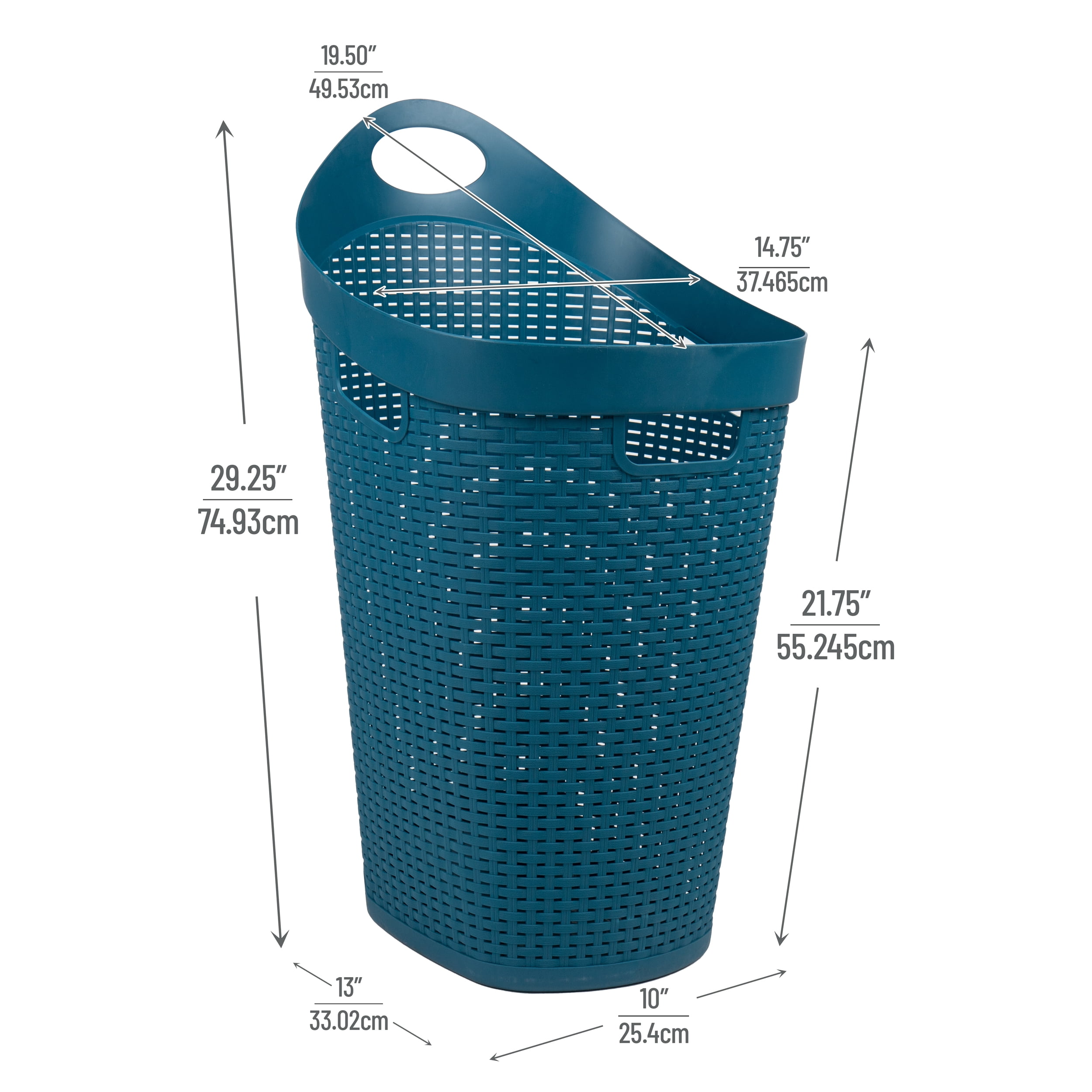 Mind Reader 60L Rolling Laundry Hamper, Clothes Basket, Lid, Wheels, Wicker Style, Plastic, 19.5"L x 14.75"W x 29.25"H, Blue