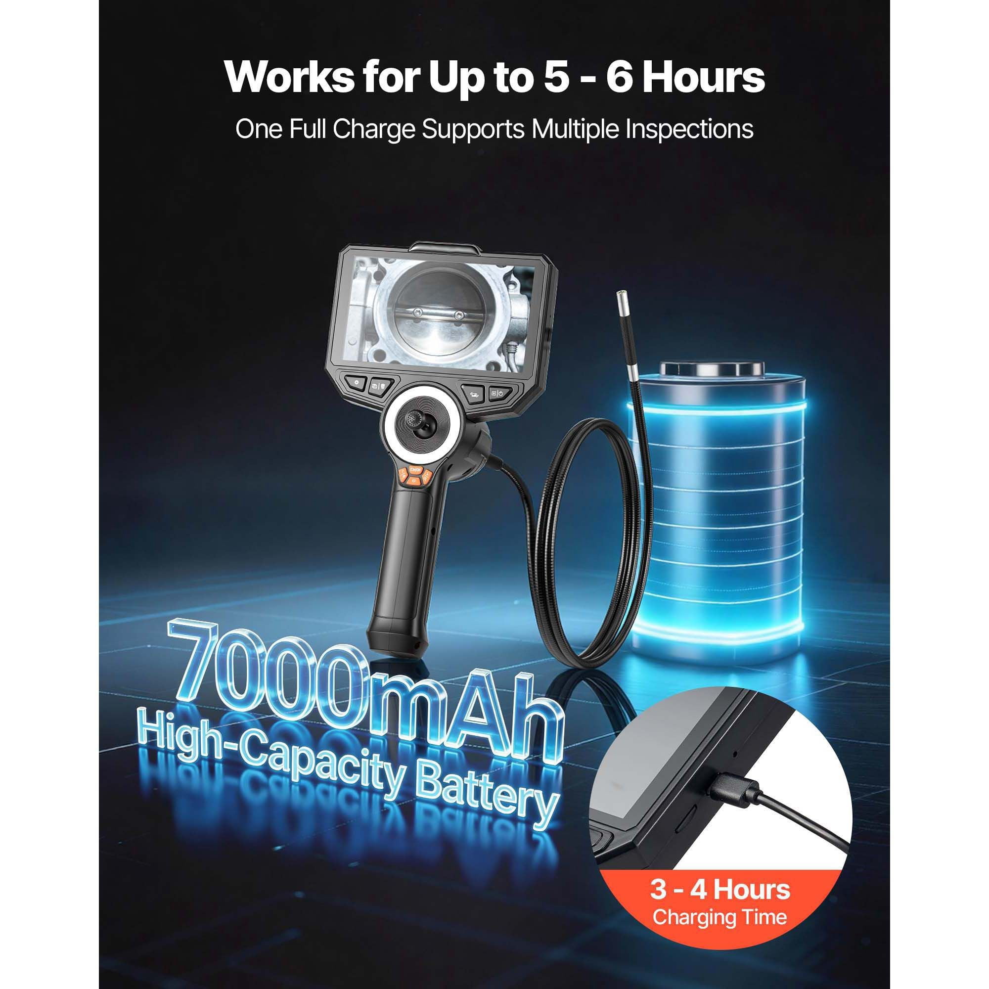 4-Way 360° Articulating camera, 6" HD IPS 1080p, 8X Zoom, 7000mAh, IP67, 4.9FT Snake for Auto & Plumbing