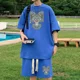 thumbnail image 4 of Chándal informal de moda de gran tamaño de verano, traje holgado para correr con diseño de gofre, camiseta holgada de manga corta y pantalones cortos deportivos, conjunto de 2 piezas para hombre, 4 of 5