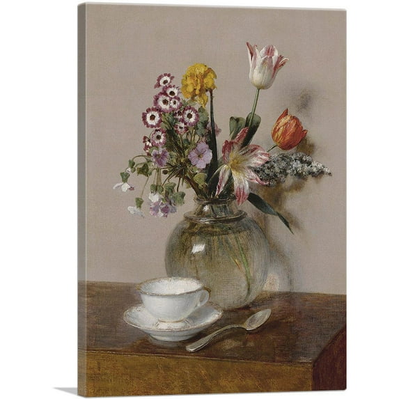 ARTCANVAS Spring Flowers With a Cup And a Saucer 1865 Canvas Art Print by Henri Fantin-Latour - Size: 40" x 26" (1.50" Deep)