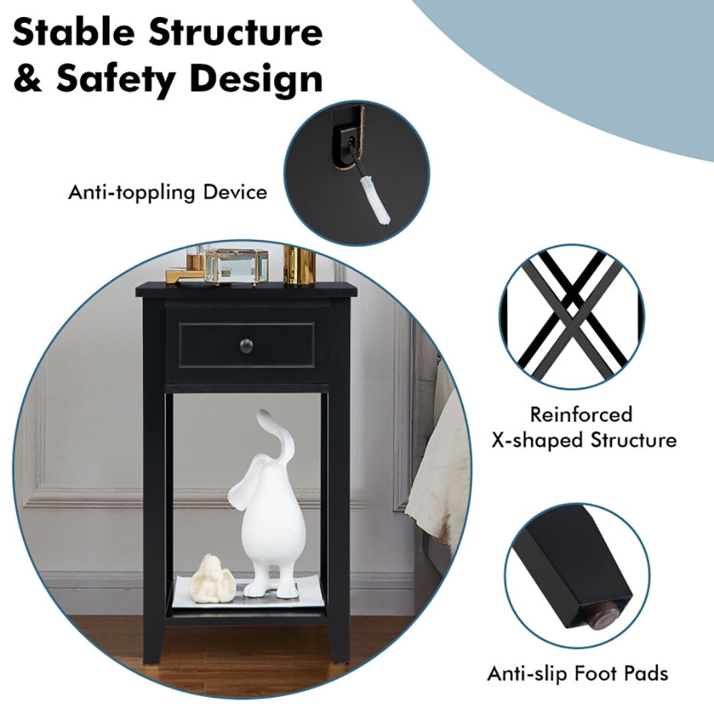 Finihen End Table, Storage End Bedside Drawer Nightstand w/ Bottom Shelf, Sofa Side Table, Bed Side Table, for Living Room, Bedroom, Black Finihen End Table, Storage End Bedside Drawer Nightstand w/ Bottom Shelf, Sofa Side Table, Bed Side Table, for Living Room, Bedroom, Black