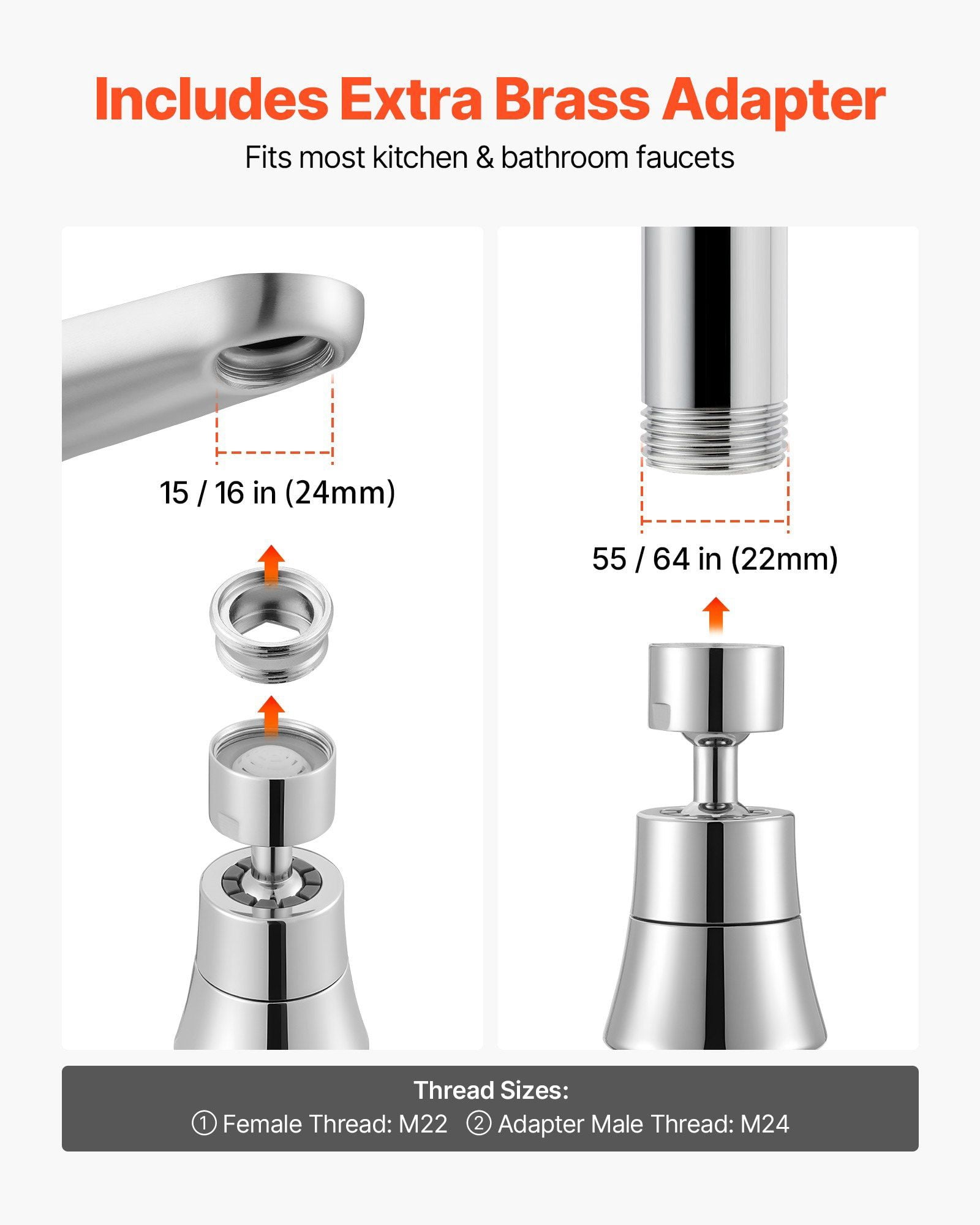 360° Swivel Kitchen Faucet Aerator with 5 Spray Modes, Anti-Splash Adapter, Universal Brass Fitting for Standard Kitchen Sinks