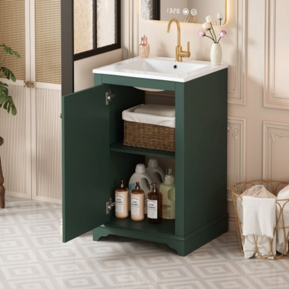 20" Bathroom Vanity with Ceramic Sink, Freestanding Bathroom Vanity Cabinet with Adjustable Shelf, Soft Close Door, Solid Wood Frame, Modern Green Vanity for Small Bathroom, Green