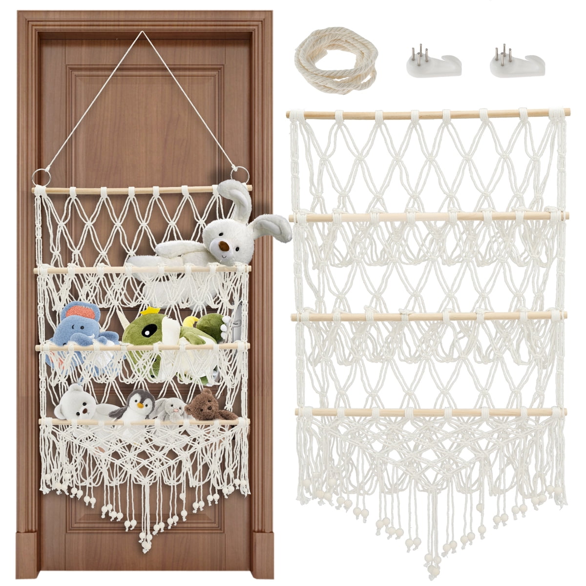 3-tier macrame toy storage organizer filled with plush toys
