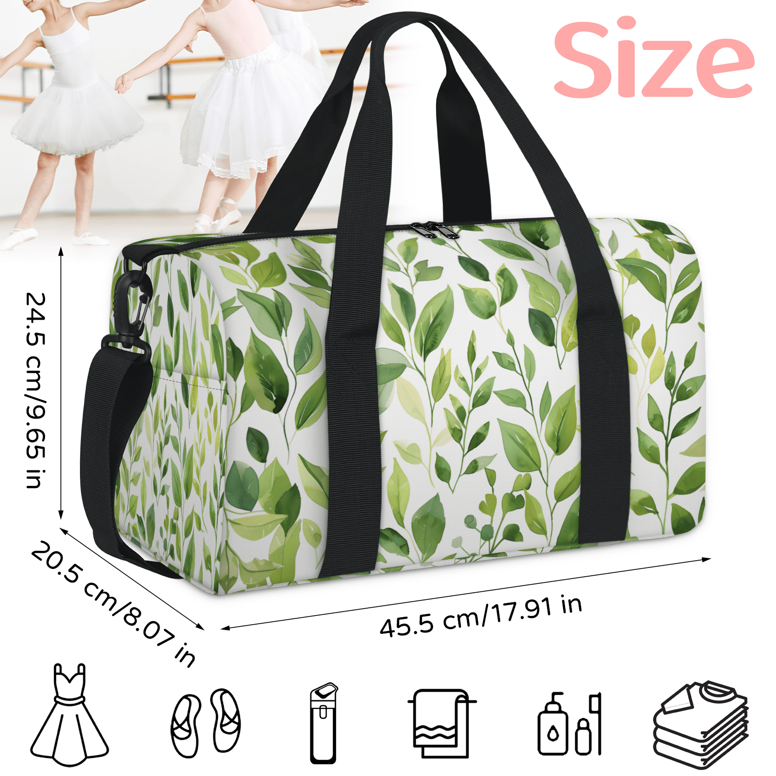 Herdesigns Green Cute Floral Travel Duffle Bag Sports Yoga Weekender Overnight Carry on Workout Bags Lightweight Waterproof Gym Tote Bag for Women