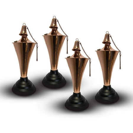 Legends Direct Set of 4, Oahu Premium Metal Tabletop Torch, Tall- Tiki Style /w Snuffer, Fiberglass Wick & Large 35oz Oil Lamp for Deck, Patio, Lawn, Garden, Luau (Smooth Copper)