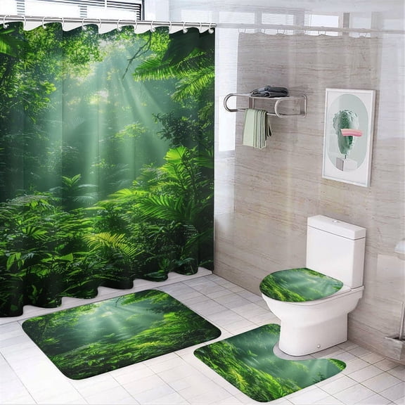 Forest Shower Curtain Sets Non-Slip Rugs Bath Mat Toilet Cover U Shaped Mat 4 Pcs
