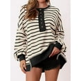 thumbnail image 3 of PRETTYGARDEN Womens Fall Striped Oversized Sweatshirt Long Sleeve Button Up Henley Neck Waffle Knit Pullover Tunic Tops, 3 of 7