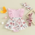 thumbnail image 6 of Okbabeha Baby Girl 2 Piece Set, Fly Sleeve Round Neck 3D Bow Bunny Romper Dress + Flower Print Headband Infant Toddler Easter Outfits, 6 of 8