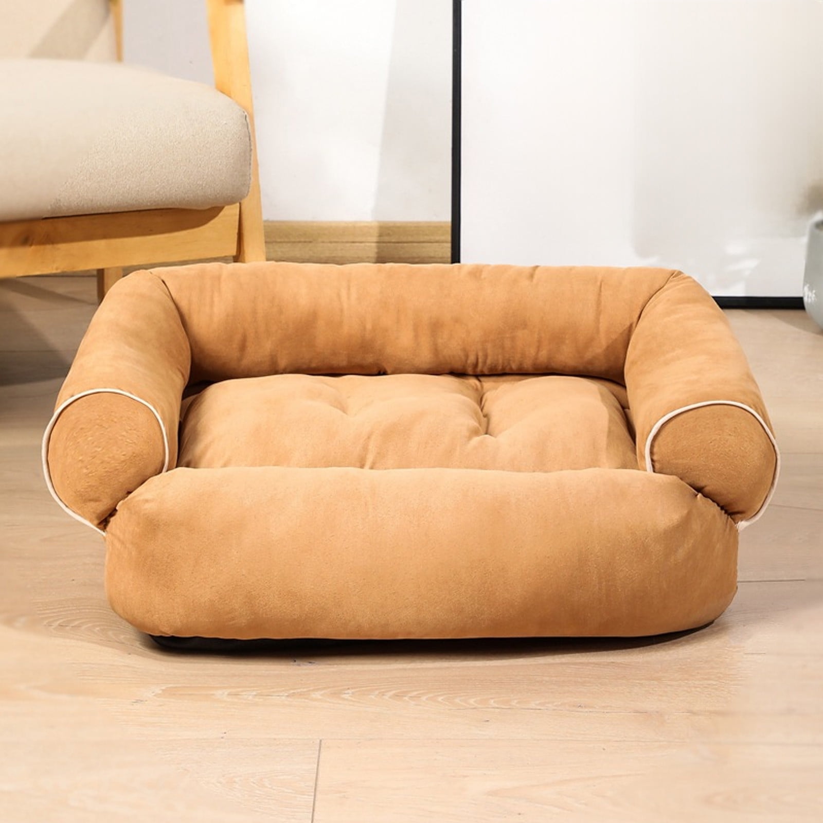 Suede Orthopedic Dog Bed for Small to Medium Dogs, Soft Pet Couch Bed with Sides, Non-Slip Bottom, Khaki