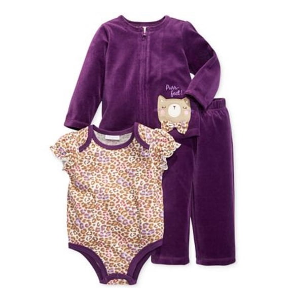 First Impressions Infant Girl 3 PC Purple Velour Kitty Pants Shirt Sweater 24m