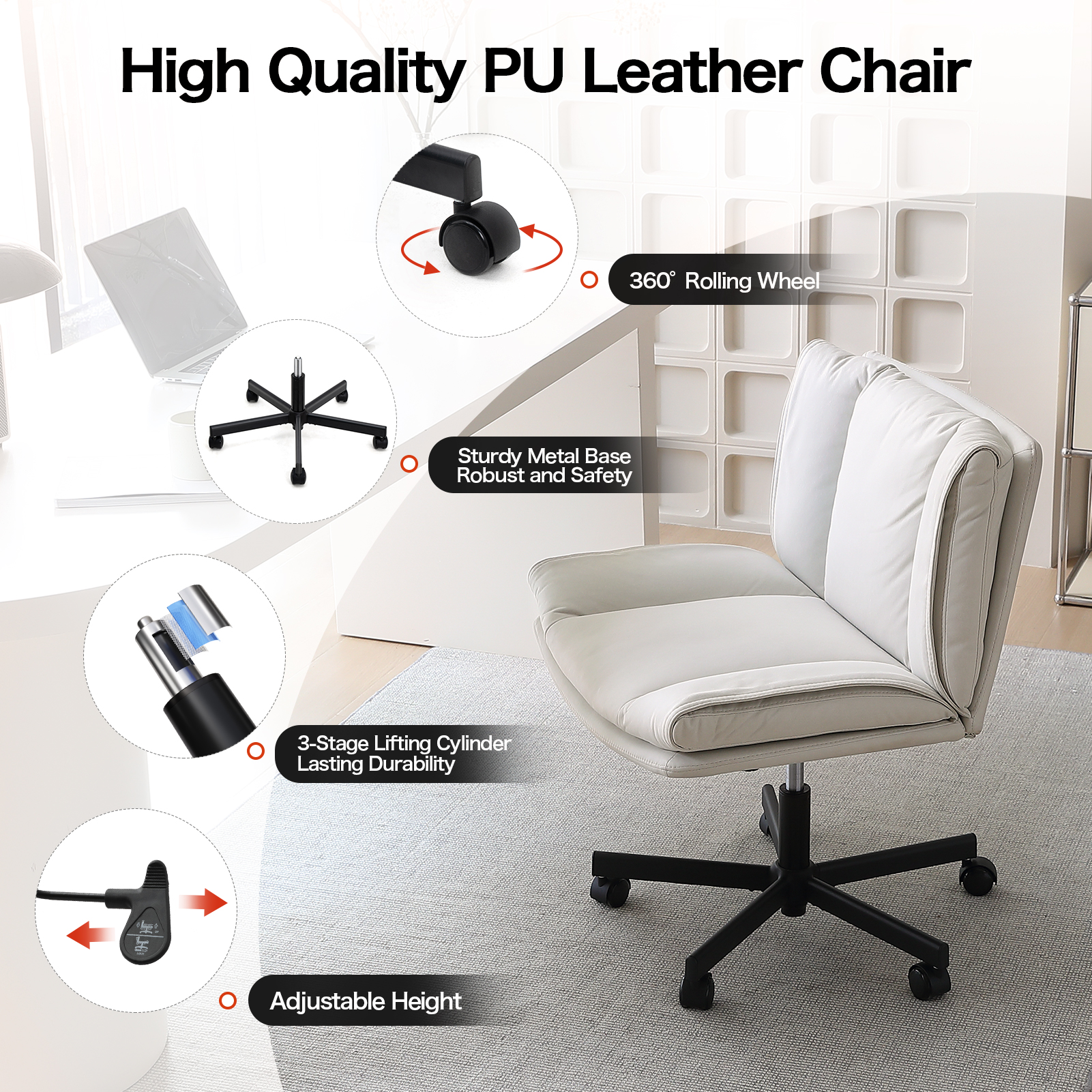 LEAGOO Armless Desk Chairs with Wheels Office Chair Vanity Chair with Technical Cloth Adjustable Swivel Computer Task Chairs for Home Base, Bedroom, Small Space, Make up,Off-white