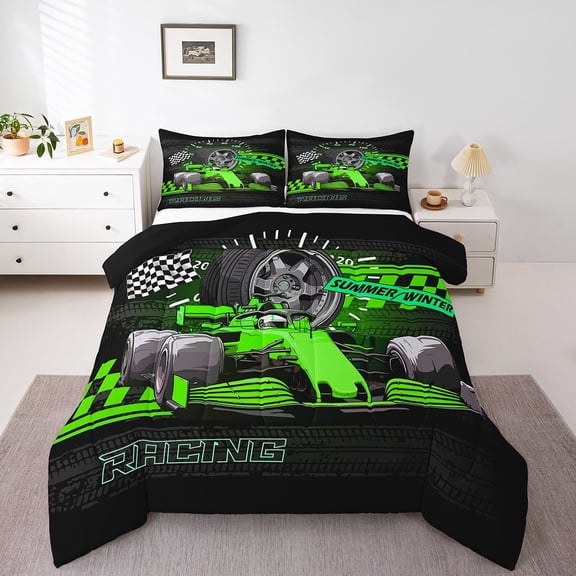 Erosebridal Racing Car Bedding Twin Comforter Set,Geometric Plaid Down Comforter,Black Green Bedding Sets Twin with Comforter,Super Cozy Sport Bedroom Decorative,Reversible,3pcs