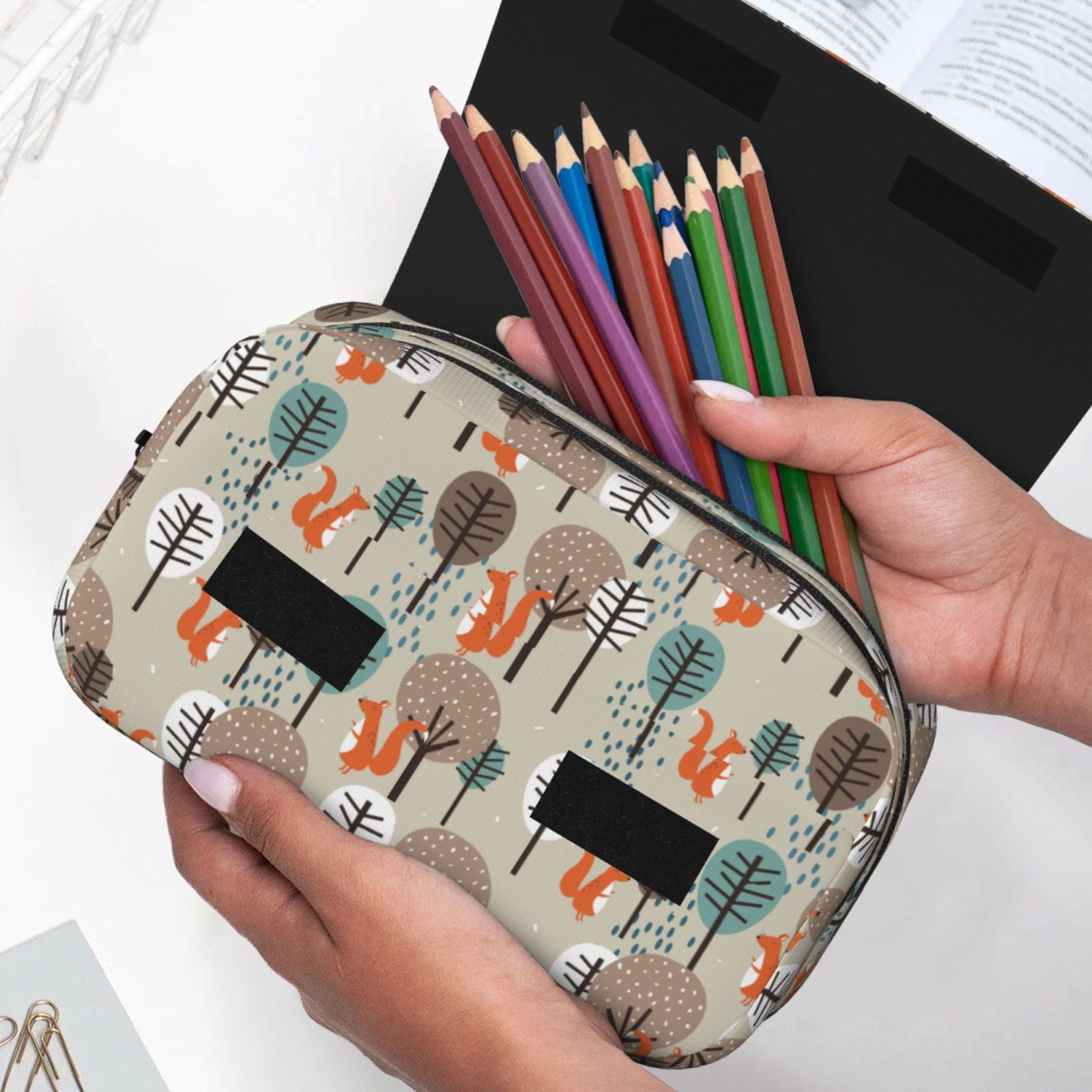 Rateoe Squirrels and Trees Pattern Double Clamshell Pen Case, Storage Organizer with Two Zipper Compartments– Holds Up to 50 Pencils & Pens