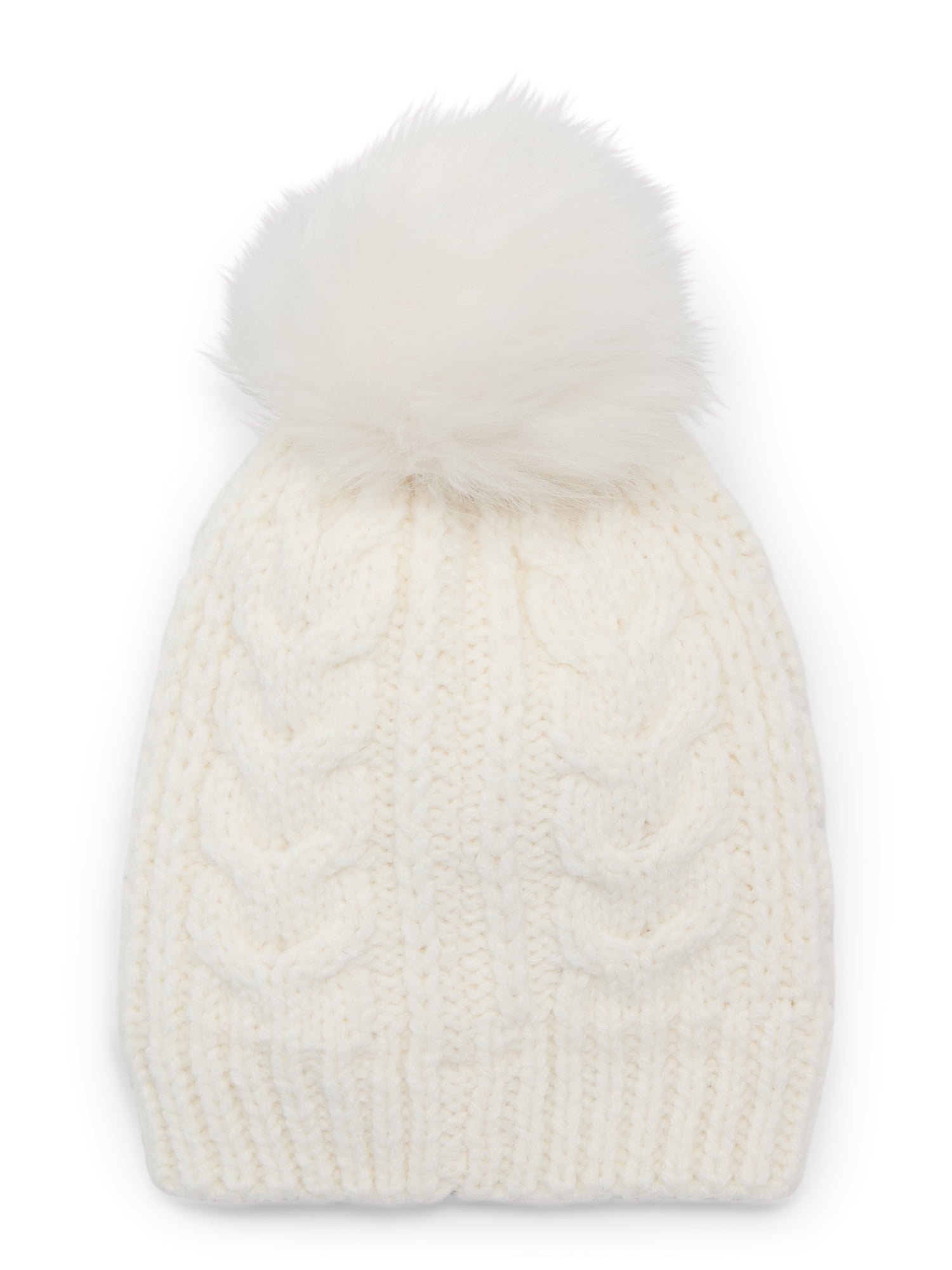 Time and Tru Women's Cable Pom Beanie, One Size Fits Most, Winter White