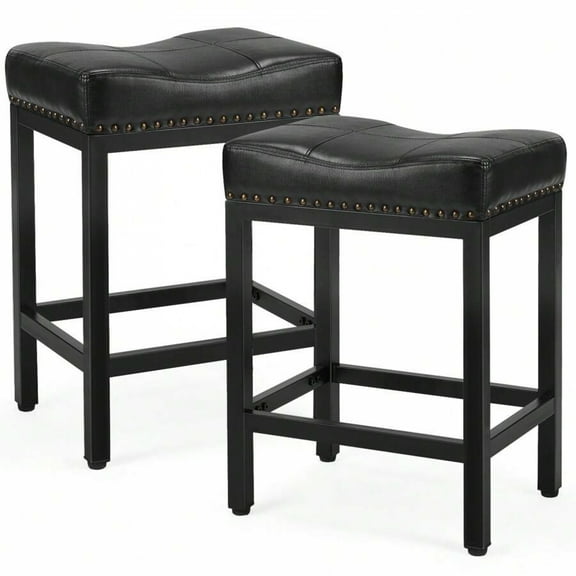 Set of 2 24-Inch Counter Height Bar Stools - PU Leather Upholstered Saddle Style with Metal Base, Modern for Kitchen Island