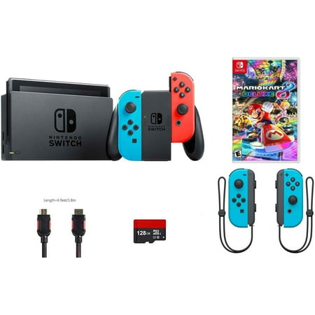 Nintendo Switch 6 items Bundle:Nintendo Switch 32GB Console Neon Red and Blue Joy-con,128GB Micro SD Card,Nintendo Wireless Controllers Neon Blue,Mario Kart 8 Deluxe,Mytrix HDMI