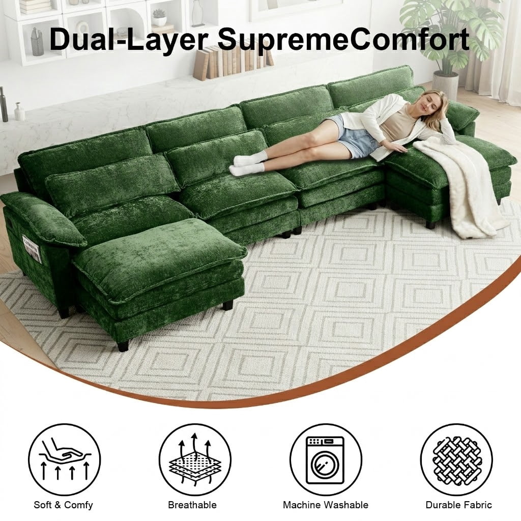 Howcool 148" Modular Sectional Sofa , 4 Seater U-Shaped Cloud Couch with Movable Ottoman, USB Charging Ports & Side Pockets, Sectional couchs for Living Room,Chenille Fabric,Green(Thick Sponge)