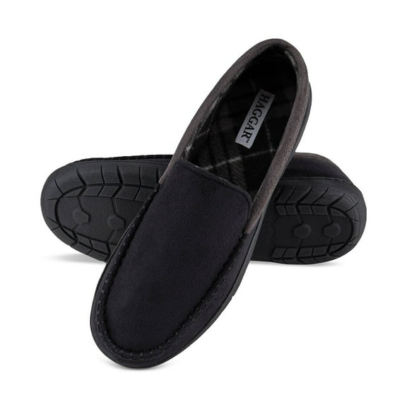 Haggar Men's Microsuede Slipper with Plaid Fleece Lining Black B4HP (8-9)