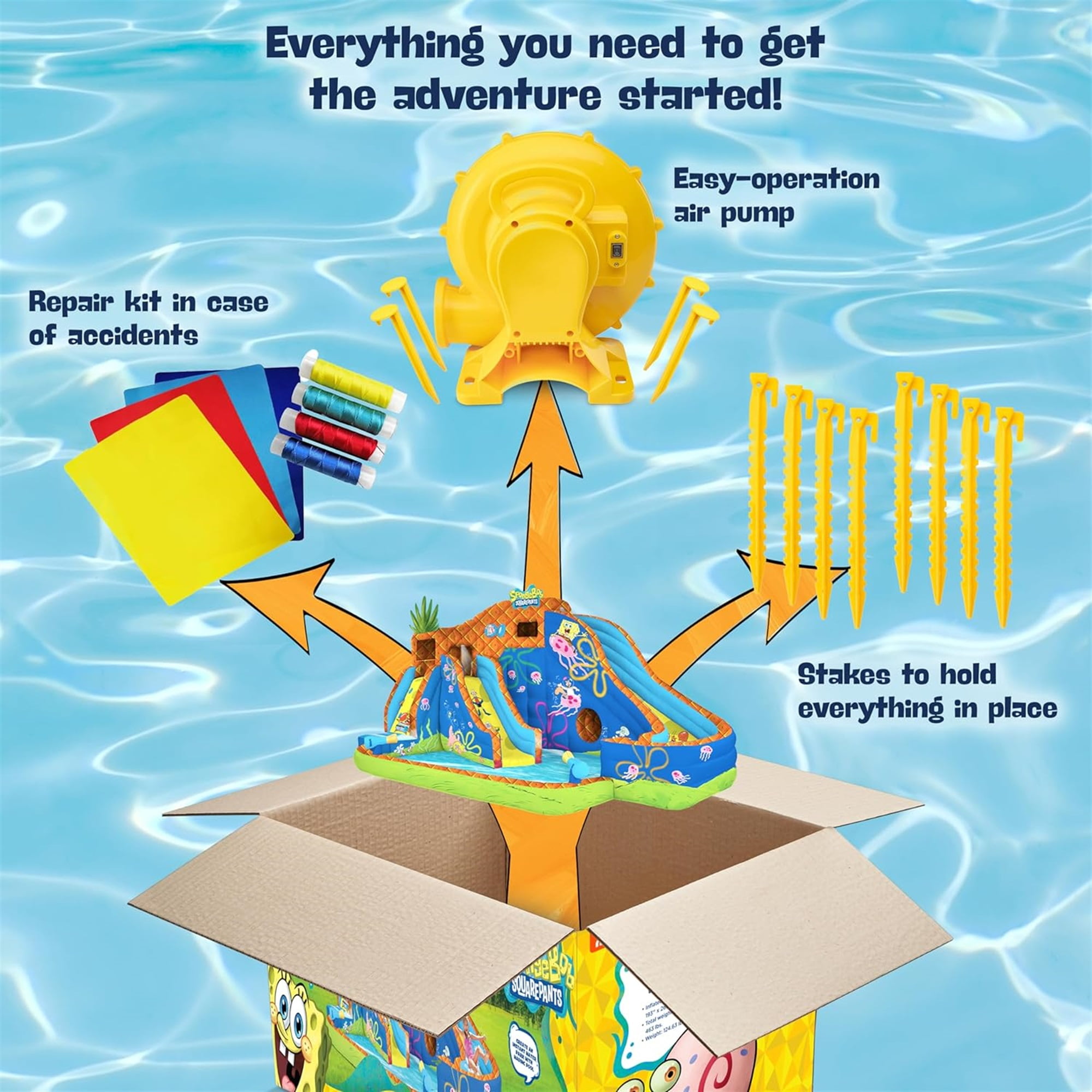 Sunny & Fun Fun SpongeBob Inflatable Water Slide with Climbing Wall, Dual Slides & Splash Pool