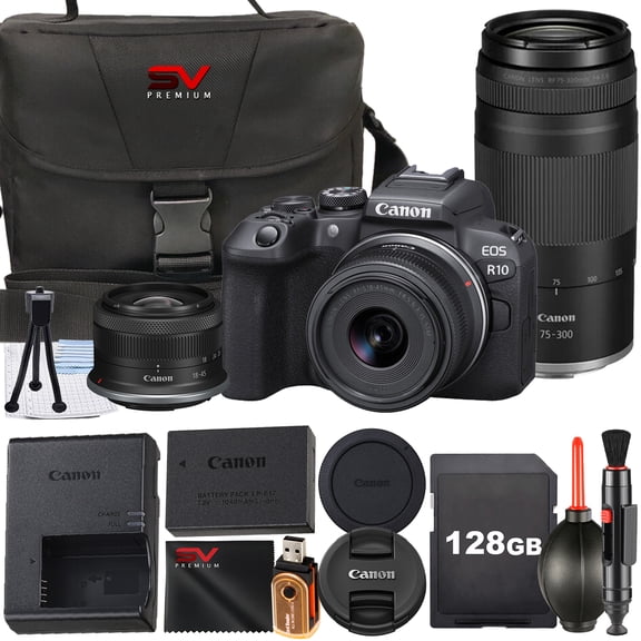 Canon EOS R100 Mirrorless Camera with RF-S 18-45mm   75-300mm Lens   128GB Memory Card   Case   SV Premium Accessory Bundle (International Version)