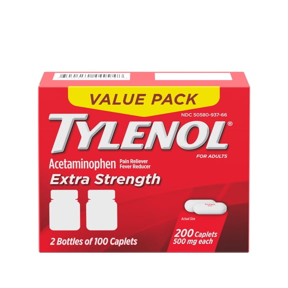 Tylenol Extra Strength 500mg Pain Relief Acetaminophen Caplets, Value Size, 100 Count, Two Pack