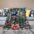 thumbnail image 2 of GOSMITH Excellent Hand Feel Beautiful Peacock with Tropical Japanese Flowers Tree Spring Surface Textures Decorative Rectangular Flannel Blanket White, 2 of 6