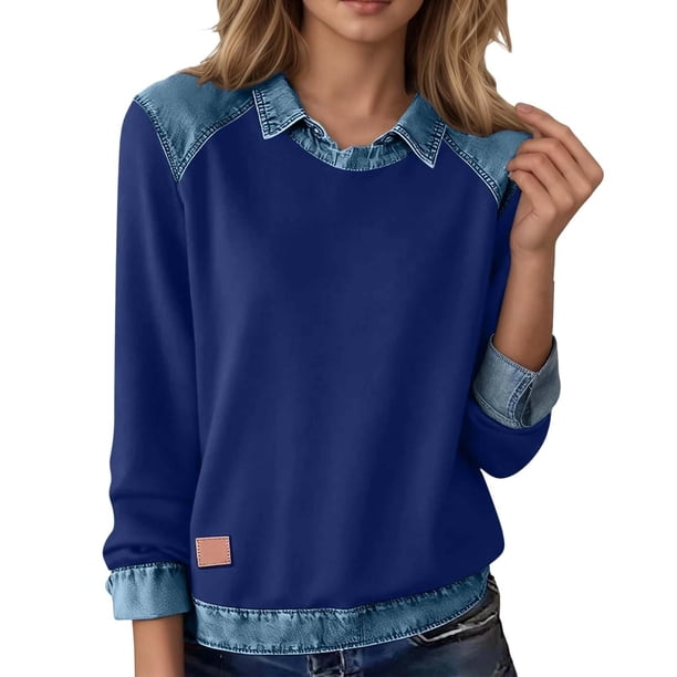 Camisas de manga larga for mujer, cuello de mezclilla, costura de retales, sudadera, Tops casuales, jersey