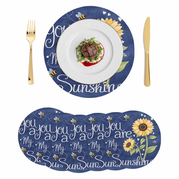 You Are My Sunshine Round 15 Inch Placemats Set of 6, Yellow Sunflowers Cute Bees Heart Blue HeatResistant Non Slip Place Mats for Dining Table, Wipeable Braided Kitchen Table Mats for Housewarming