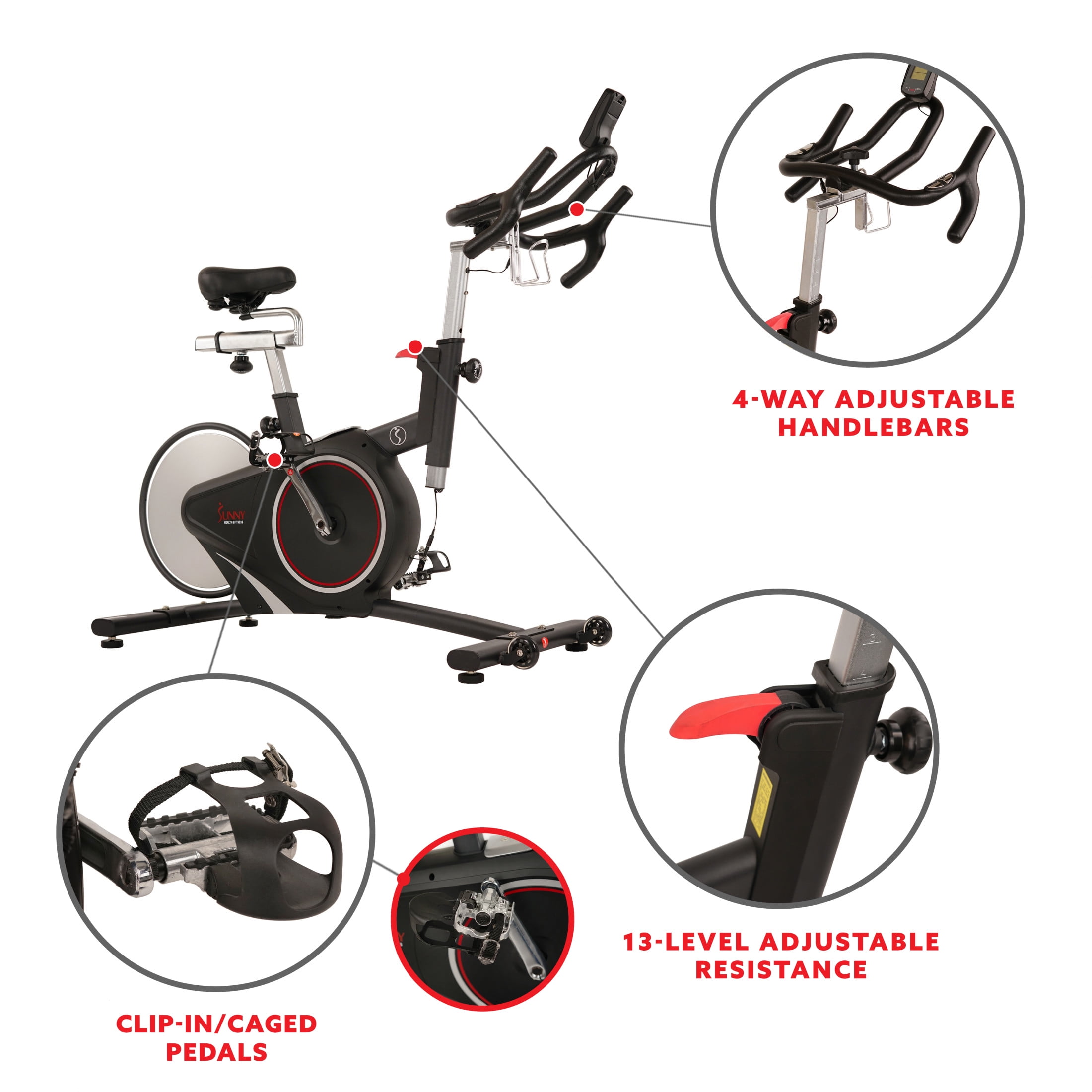 Sunny Health & Fitness Magnetic Belt Rear Drive Indoor Cycling Bike, High Weight Capacity with Cadence Sensor and Pulse Rate Monitor - SF-B1709