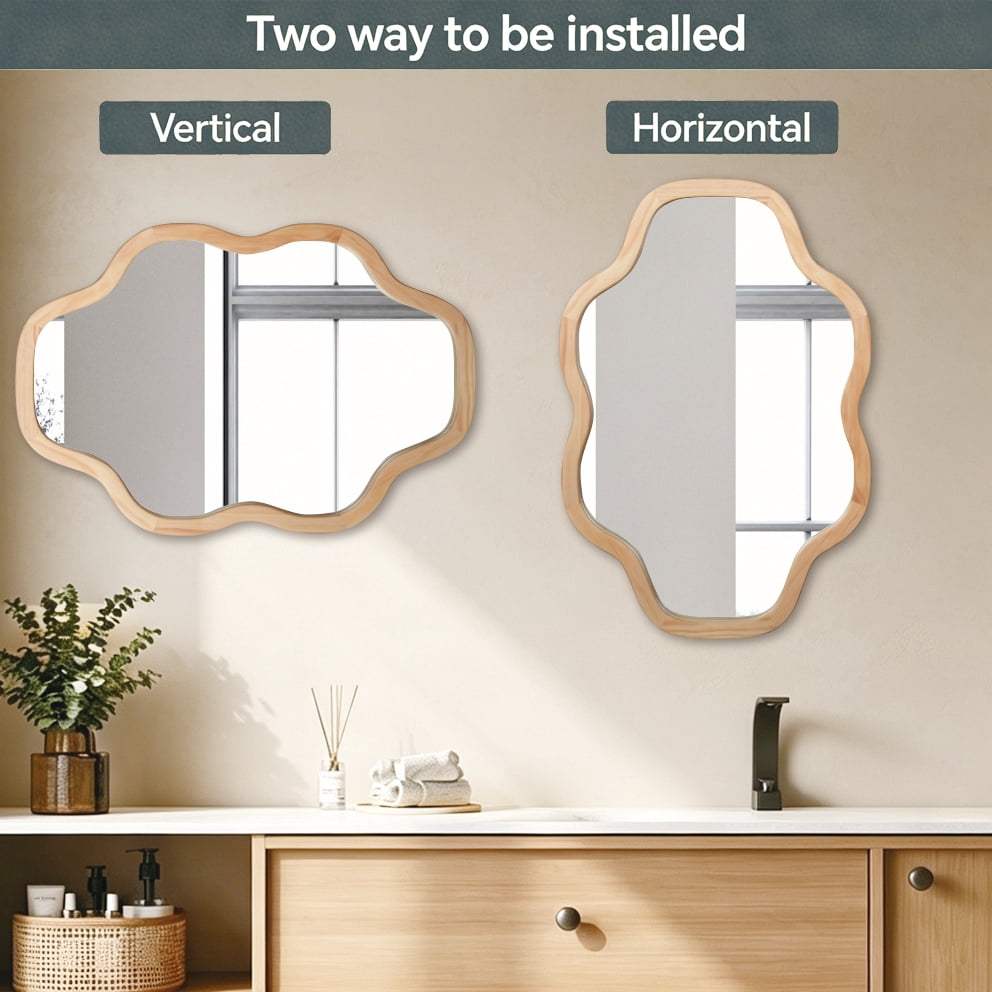 Garitin Wall Mirror and Cloud Shape Decorative Mirror 20 x 30 Inch, Solid Wood Framed Vanity Mirror for Bathroom Entryway Living Room, Natural