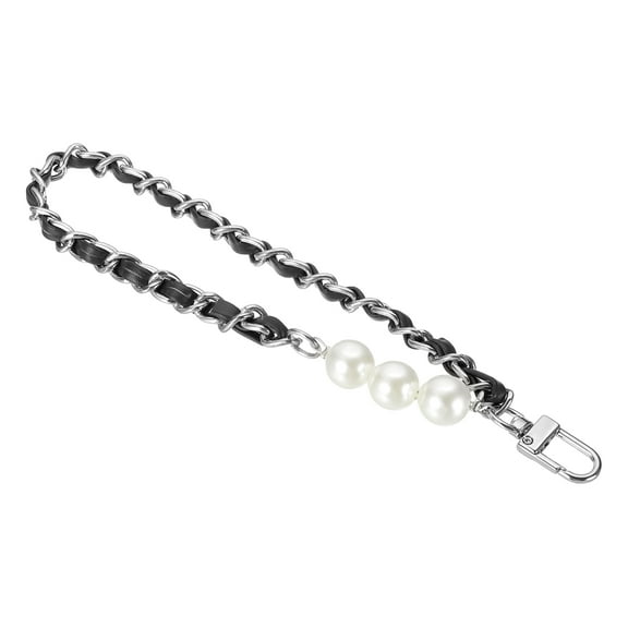 Chain Wristlet Strap, 8" Pearl Leather Chain Wrist Lanyard Hand Strap Replacement with Metal Buckles for DIY Keychain Purse Wallet Clutch Bags Handbag Phone Case, Silver-Black