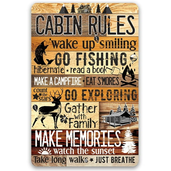 Metal Sign - Cabin Rules - Durable Metal Sign - Use Indoor/Outdoor - Great Shed or Shak Decor and Housewarming Gift for Outdoorsy People (8" x 12")