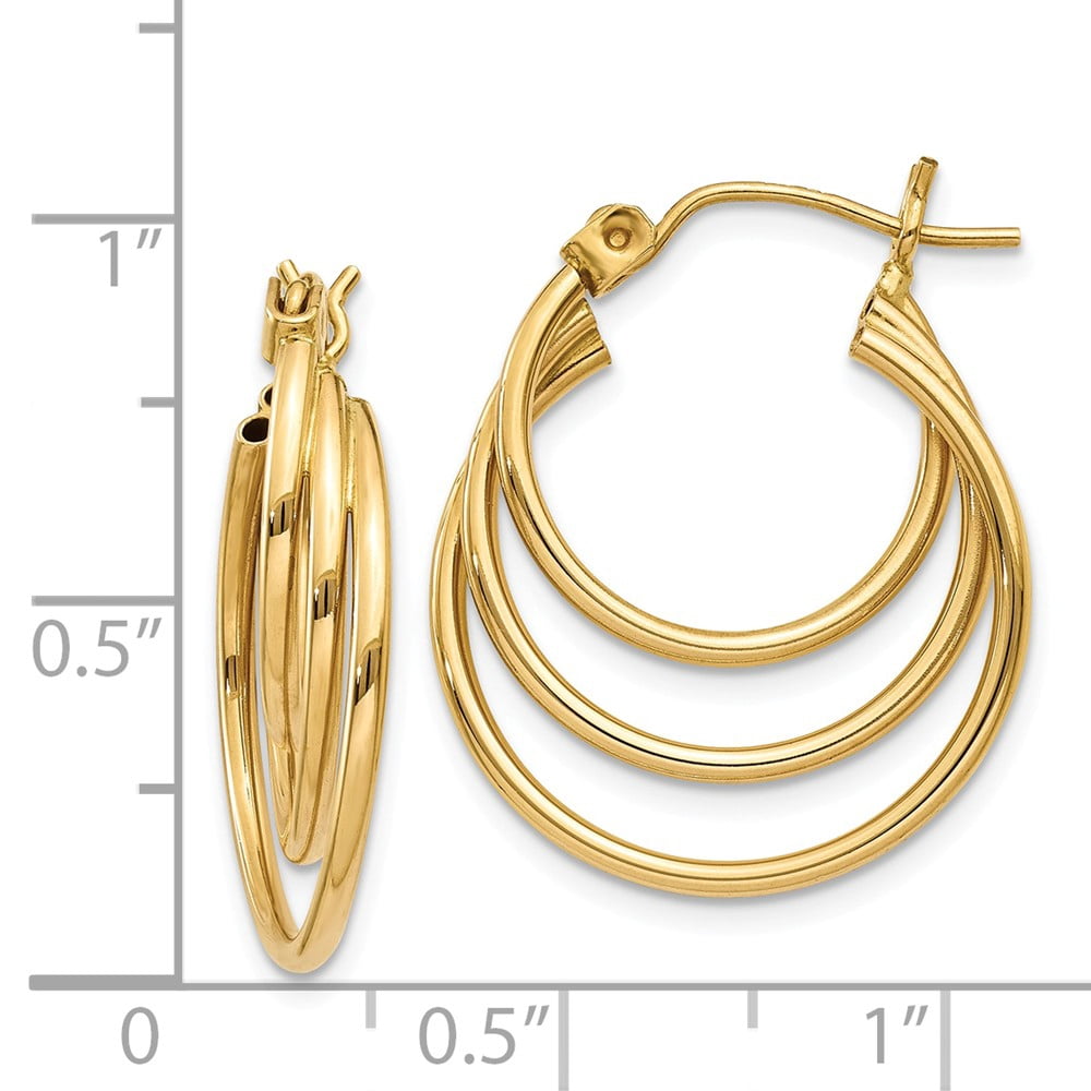 Real 14kt Yellow Gold Triple Hoop Earrings; for Adults and Teens; for Women and Men
