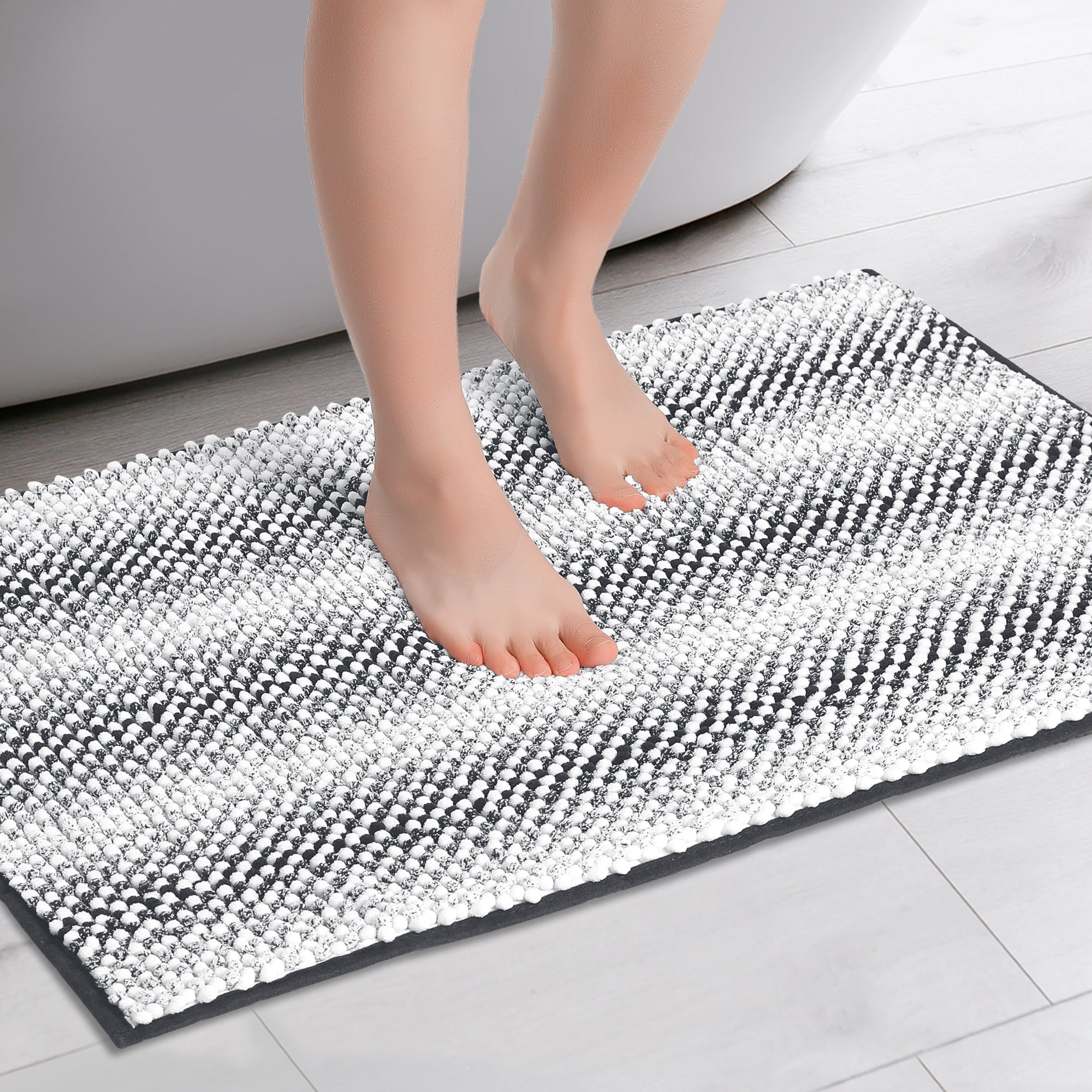Unique Bargains Chenille Bathroom Rug Absorbent Non-Slip Striped Plush Shaggy Bath Rugs Dark Grey 16" x 24"