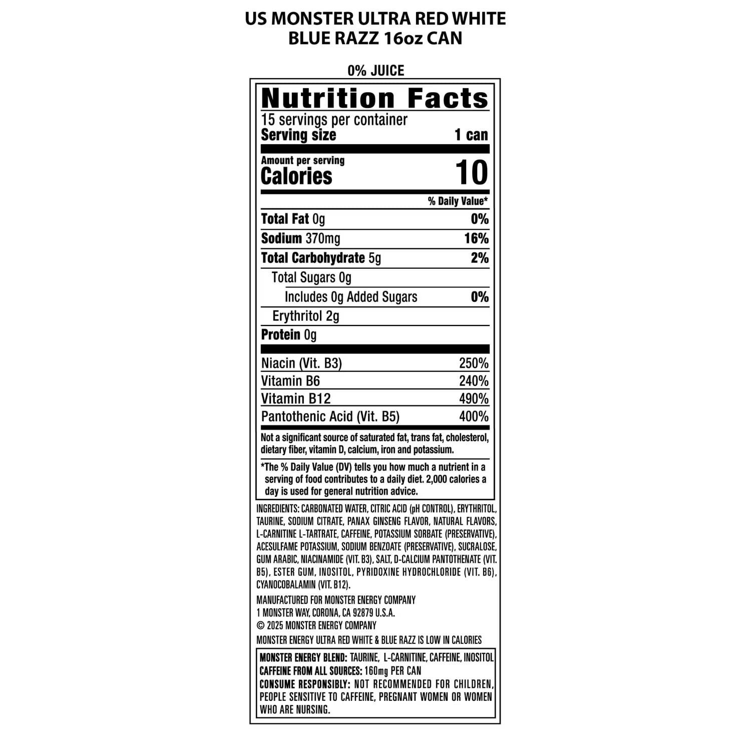 Monster Energy Ultra, Sugar Free Energy Drink, Red White & Blue Razz, 16 fl oz, 18 Pack
