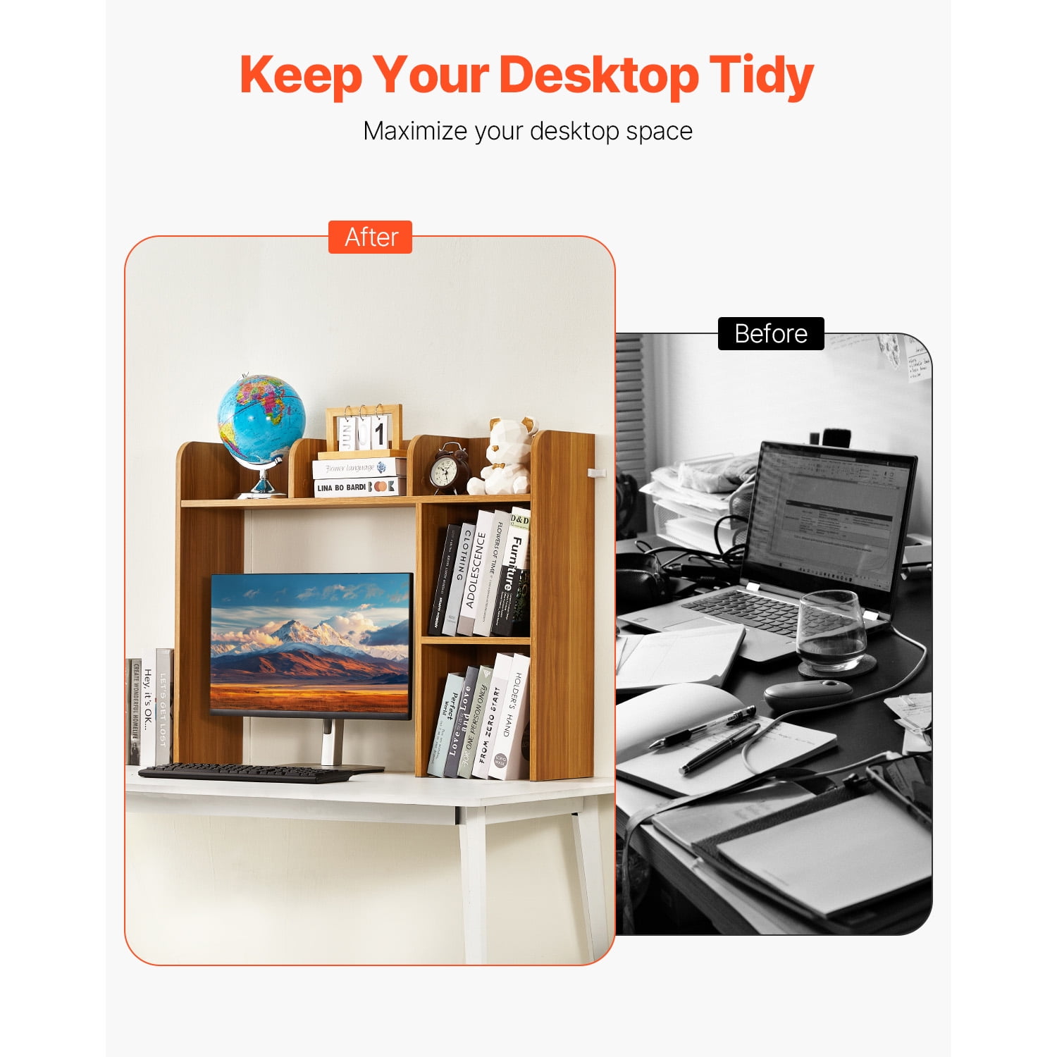 KFFKFF Tabletop Bookcase, Dual-Layer Wooden Desk Organizer, Dimensions 37.2" x 9.5" x 28.9", Office Storage Rack and Wooden Display Stand, Tabletop Bookcase Hutch with Non-Slip Foot Pads