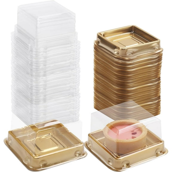 50 Pack Gold bottom Clear cover plastic mini cake box - muffin box - moon cake box - mung bean cake snow Mei Niang box（bottom 2 1/2 Inch X high 1-1/2 Inch）