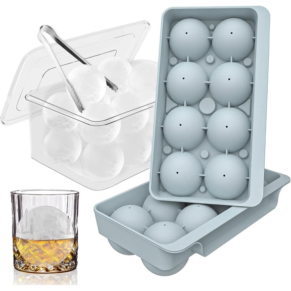Large Ice Cube Molds, Big Round Whiskey Ice Cube Trays for Freezer, Easy to Fill & Release, Whiskey Bourbon Cocktail(2.5In*8 Balls- Blue/2 Pack)
