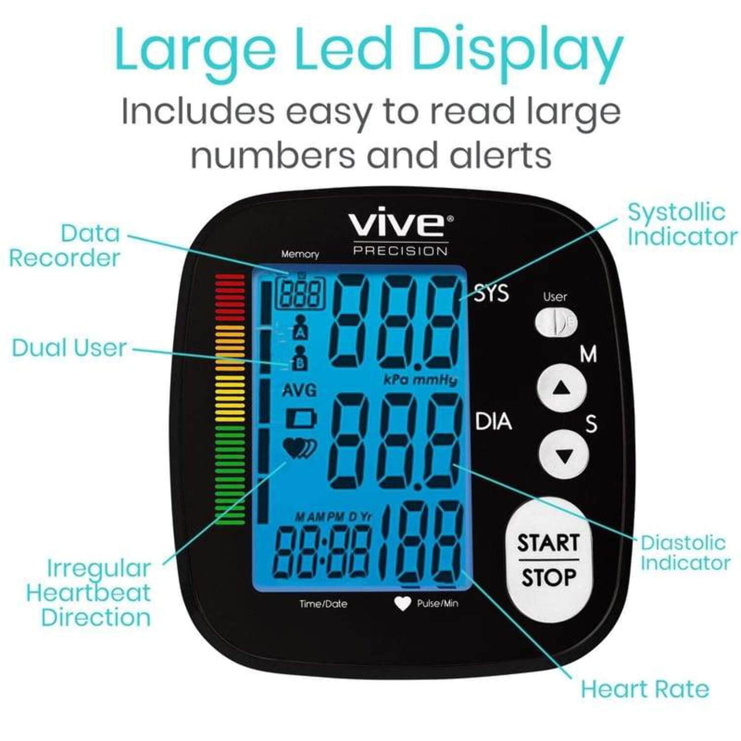 Vive Precision Blood Pressure Monitor – Automatic Upper Arm BP Machine with App for iOS & Android, Large LCD Display, Accurate Heart Rate Sensor, Portable for Home Use, Silver