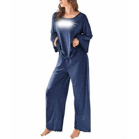 

Casual Round Neck Pant Sets Long Sleeve Navy Blue Womens Pajama Sets (Women s)