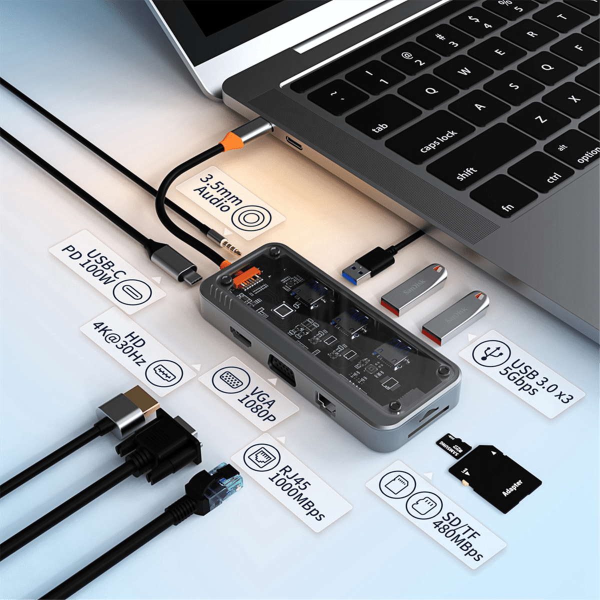 10-in-1 USB Type-C Docking Station Multi-Function Fast Charging Station Gigabit Docking Station