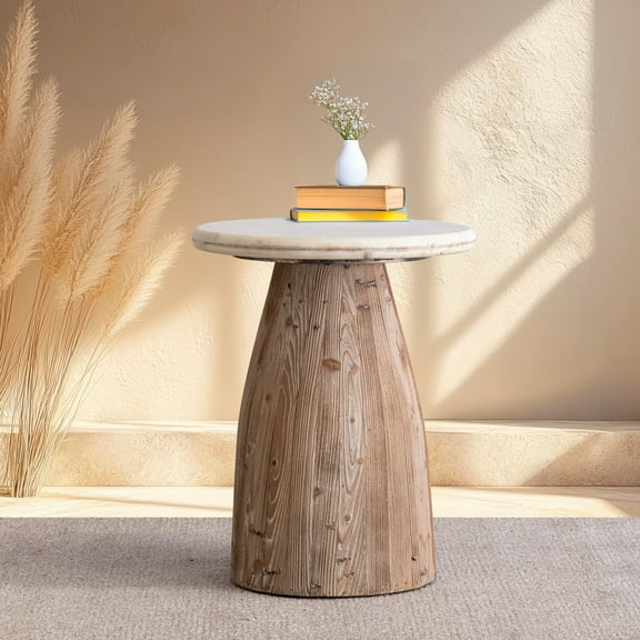 BIDK Home Round Wooden Side Table with Marble Top - 22" - Beige and White
